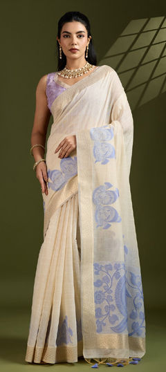 Beige and Brown color Saree in Cotton fabric with Printed work