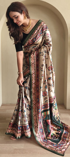 Beige and Brown color Saree in Art Silk fabric with Printed work
