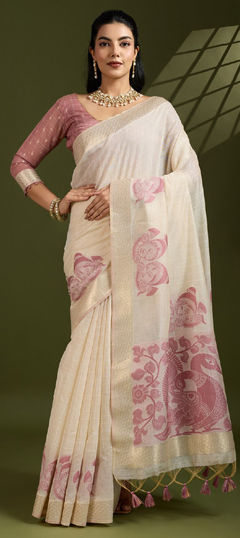 Beige and Brown color Saree in Cotton fabric with Printed work