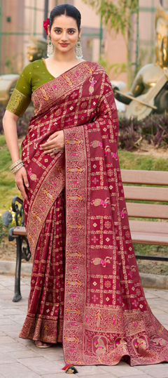 Red and Maroon color Saree in Dolla Silk fabric with Stone, Weaving work