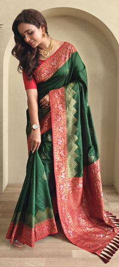 Green color Saree in Satin Silk fabric with Weaving, Zari work