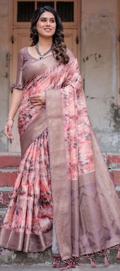 Pink and Majenta color Saree in Banarasi Silk fabric with Printed, Weaving work