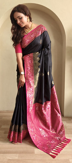 Black and Grey color Saree in Satin Silk fabric with Weaving, Zari work