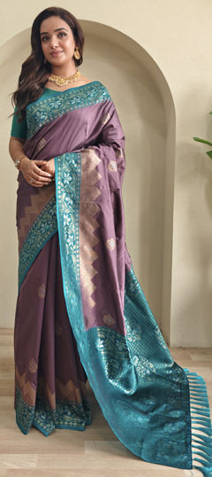 Purple and Violet color Saree in Satin Silk fabric with Weaving, Zari work
