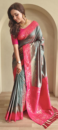 Green color Saree in Satin Silk fabric with Weaving, Zari work