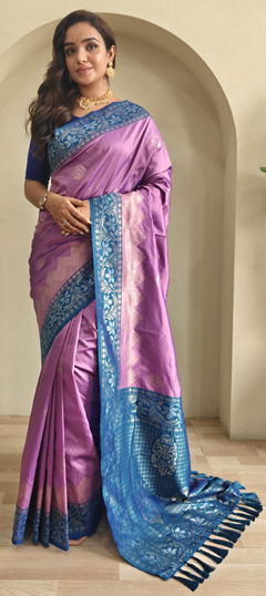 Pink and Majenta color Saree in Satin Silk fabric with Weaving, Zari work