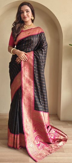 Black and Grey color Saree in Art Silk fabric with Weaving work