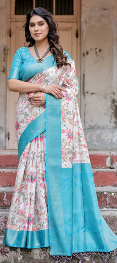 White and Off White color Saree in Banarasi Silk fabric with Floral, Printed, Weaving work