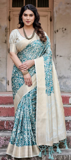 Blue color Saree in Banarasi Silk fabric with Printed, Weaving work