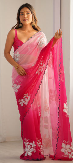 Pink and Majenta color Saree in Georgette fabric with Embroidered, Sequence work