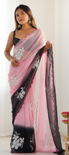 Pink and Majenta color Saree in Georgette fabric with Embroidered, Sequence work