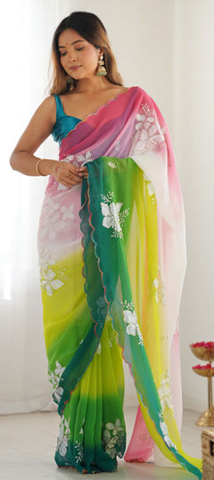 Green color Saree in Georgette fabric with Embroidered, Sequence work