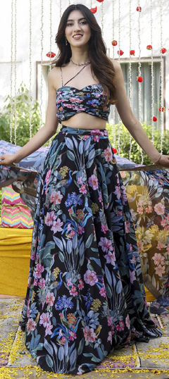 Black and Grey color Lehenga in Faux Georgette fabric with Digital Print, Floral work