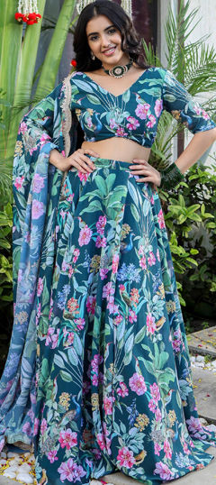 Blue color Lehenga in Faux Georgette fabric with Digital Print, Floral work