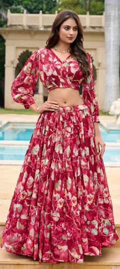 Red and Maroon color Lehenga in Faux Georgette fabric with Floral, Printed work