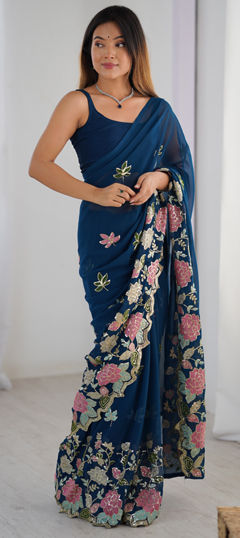Blue color Saree in Georgette fabric with Embroidered, Sequence, Thread work