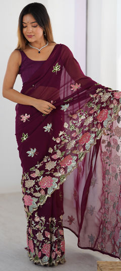 Purple and Violet color Saree in Georgette fabric with Embroidered, Sequence, Thread work