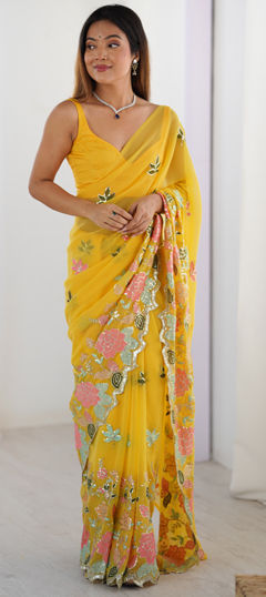 Yellow color Saree in Georgette fabric with Embroidered, Sequence, Thread work