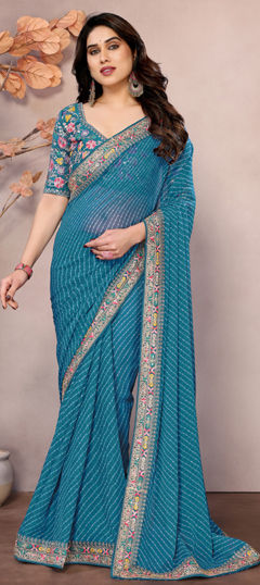 Green color Saree in Georgette fabric with Embroidered, Resham work