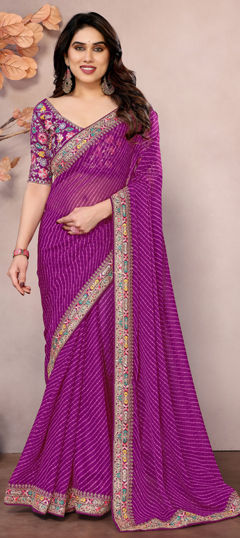 Purple and Violet color Saree in Georgette fabric with Embroidered, Resham work