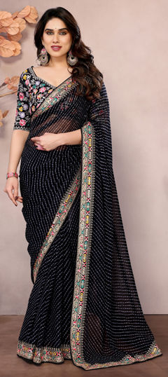 Black and Grey color Saree in Georgette fabric with Embroidered, Resham work