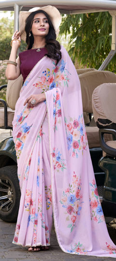 Pink and Majenta color Saree in Faux Georgette fabric with Floral, Lace, Printed work