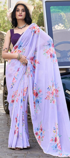 Purple and Violet color Saree in Faux Georgette fabric with Floral, Lace, Printed work