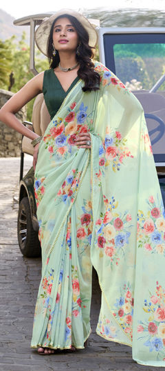 Green color Saree in Faux Georgette fabric with Floral, Lace, Printed work