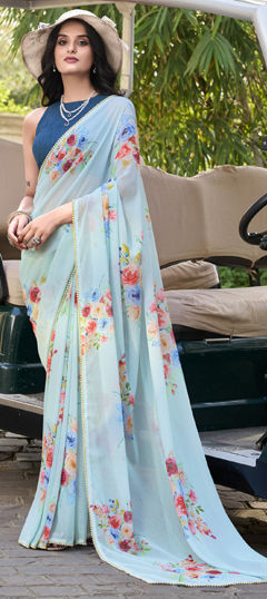 Blue color Saree in Faux Georgette fabric with Floral, Lace, Printed work