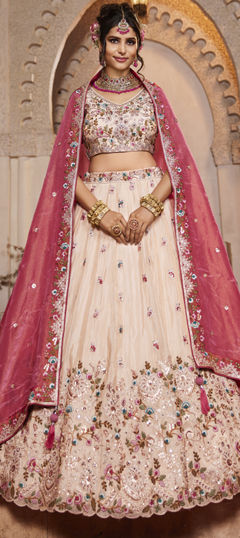Pink and Majenta color Lehenga in Tissue fabric with Bugle Beads, Embroidered, Sequence, Stone work