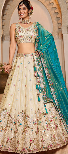 Blue, White and Off White color Lehenga in Tissue fabric with Bugle Beads, Embroidered, Sequence, Stone work