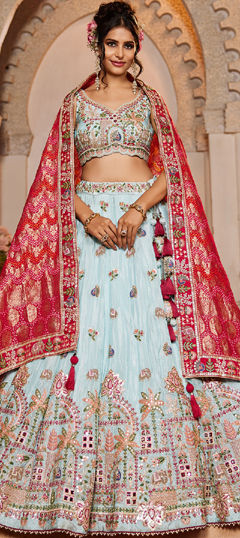 Blue color Lehenga in Tissue fabric with Embroidered, Mirror work