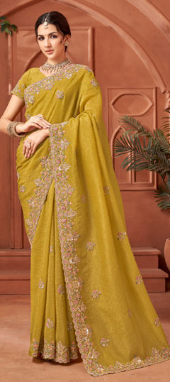 Gold color Saree in Crushed Silk fabric with Bugle Beads, Embroidered, Sequence work