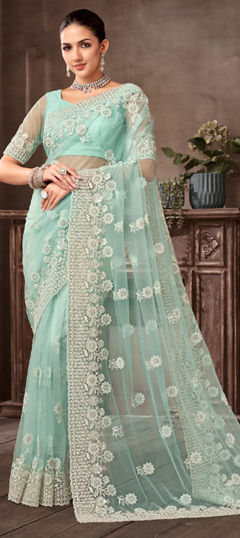 Blue color Saree in Net fabric with Embroidered, Sequence, Thread work