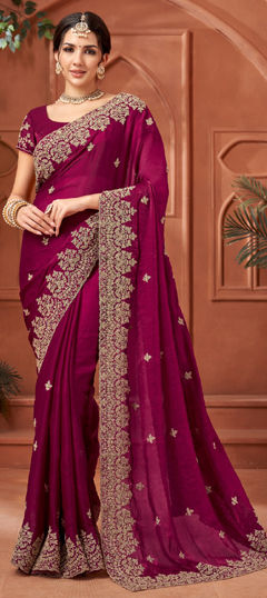 Pink and Majenta color Saree in Satin Silk fabric with Embroidered, Stone, Thread work