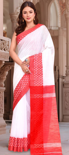 Red and Maroon, White and Off White color Saree in Cotton fabric with Printed work
