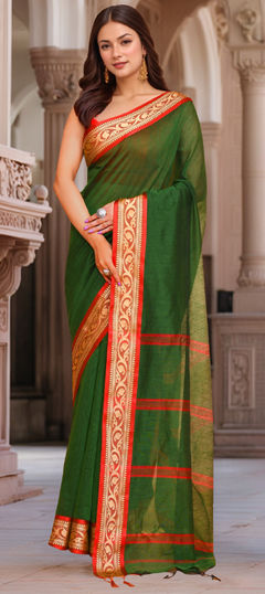 Green, Red and Maroon color Saree in Cotton fabric with Printed work
