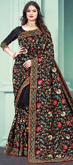 Black and Grey color Saree in Chinon Silk fabric with Embroidered, Thread work