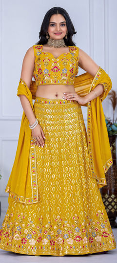 Yellow color Lehenga in Faux Georgette fabric with Embroidered, Resham, Sequence, Thread work