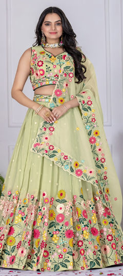 Green color Lehenga in Organza Silk fabric with Embroidered, Resham, Sequence, Thread work