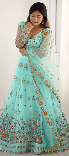 Blue color Lehenga in Net fabric with Sequence, Thread work
