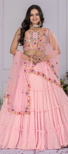 Pink and Majenta color Lehenga in Faux Georgette fabric with Embroidered, Resham, Sequence, Thread work