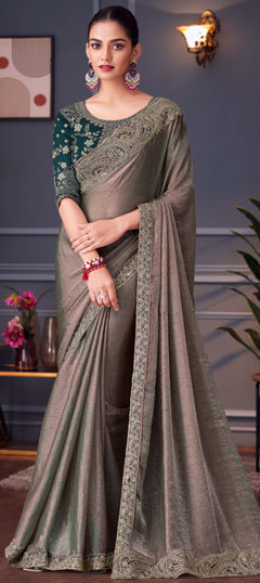 Black and Grey color Saree in Silk fabric with Embroidered, Zari work