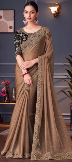 Beige and Brown color Saree in Silk fabric with Embroidered, Zari work