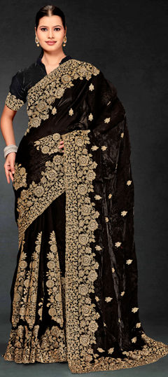 Black and Grey color Saree in Crushed Silk fabric with Embroidered, Zari work