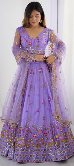 Purple and Violet color Lehenga in Net fabric with Sequence, Thread work