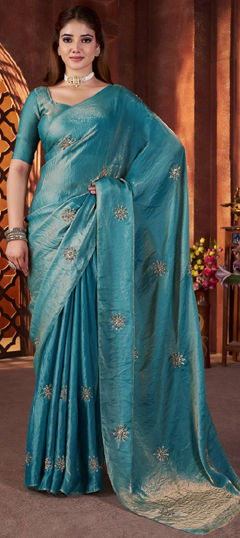 Blue color Saree in Satin Silk fabric with Embroidered, Thread work