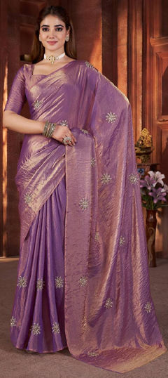 Purple and Violet color Saree in Satin Silk fabric with Embroidered, Thread work