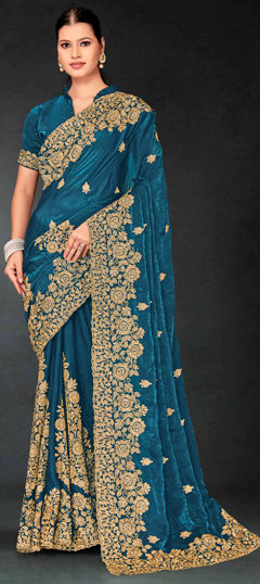 Blue color Saree in Crushed Silk fabric with Embroidered, Zari work