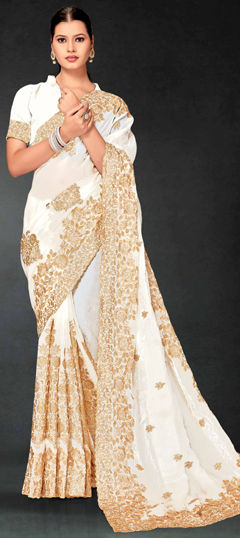 White and Off White color Saree in Crushed Silk fabric with Embroidered, Zari work